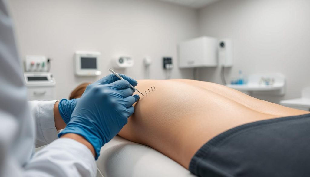 A clinical setting with a healthcare professional performing a detailed dry needling procedure on a patient's muscle. The foreground depicts the healthcare provider's gloved hands carefully inserting thin acupuncture needles into specific trigger points on the patient's back, while the middle ground shows the patient lying face down on a padded treatment table. The background is a clean, well-lit medical examination room with modern equipment and supplies. The lighting is bright and directional, emphasizing the precision of the treatment. The overall atmosphere conveys a sense of professionalism, care, and therapeutic focus.