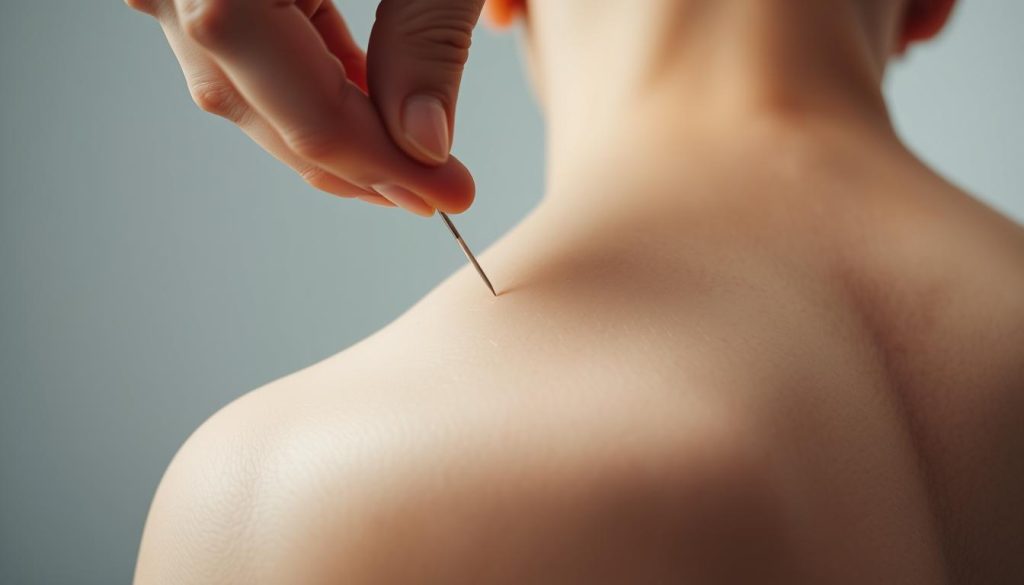 A close-up view of a hand gently inserting a thin, sterile needle into a tense, knotted muscle in the back. The skin has a slight flush, indicating increased blood flow. The needle is angled precisely, guided by the skilled fingers of a physical therapist. The lighting is soft and diffused, creating an intimate, clinical atmosphere. The background is a clean, neutral space, allowing the focus to remain on the localized treatment. The overall scene conveys the targeted, therapeutic nature of dry needling and its potential to alleviate muscle tension and pain.
