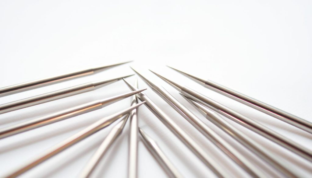A closeup shot of several dry needling needles, their thin metallic bodies gleaming under bright, natural lighting. The needles are arranged in a fan-like pattern, their sharp tips pointing outwards, conveying a sense of precision and medical purpose. The needles are set against a clean, neutral background, allowing them to be the sole focus of the image. The scene has a clinical, yet approachable atmosphere, suitable for illustrating the tools used in dry needling therapy.
