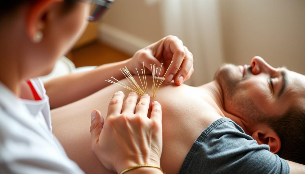A detailed demonstration of the dry needling technique performed by a licensed physical therapist. The therapist's hands are in focus, precisely inserting thin needles into a muscular trigger point on the patient's back. The patient's relaxed expression conveys the relief provided by the treatment. The scene is captured in a warm, natural lighting that highlights the delicate movements. The background is blurred, keeping the focus on the key elements of the procedure. The overall atmosphere is one of professionalism and therapeutic effectiveness.