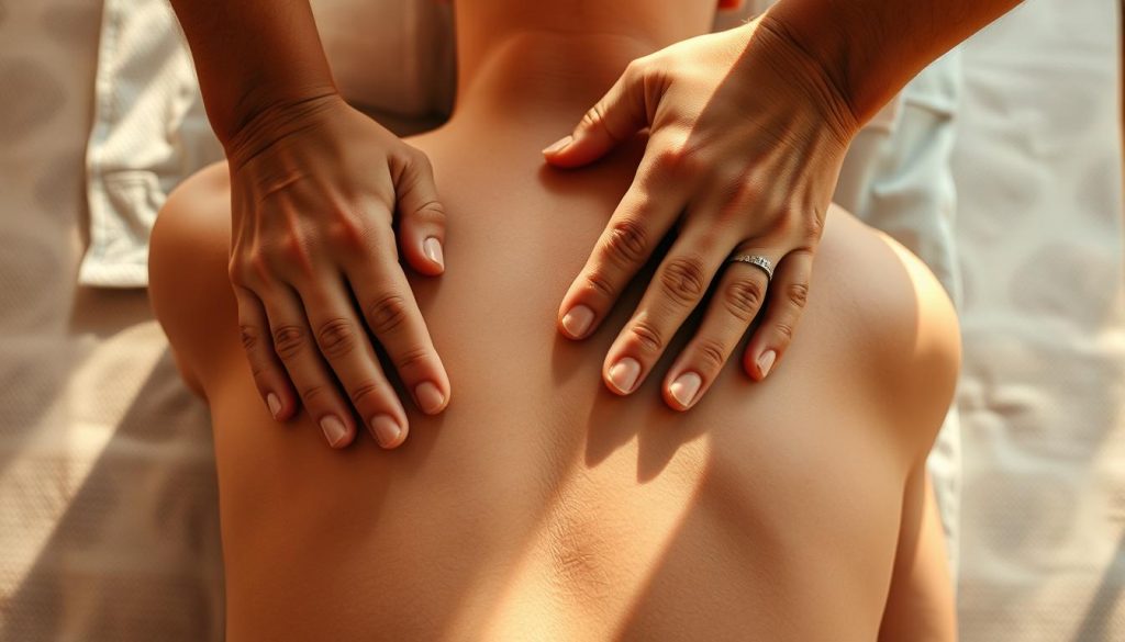 A detailed overhead view of a massage therapist's hands performing various manual therapy techniques on a client's back, neck, and shoulders. The therapist's fingers and palms are gently manipulating the soft tissues, applying pressure and gentle stretching motions. The scene is lit with warm, natural lighting from a window, casting soft shadows and highlights across the skin. The background is blurred, with muted tones and textures to keep the focus on the hands and treatment area. The overall mood is one of relaxation, healing, and expertise. A detailed overhead view of a massage therapist's hands performing various manual therapy techniques on a client's back, neck, and shoulders. The therapist's fingers and palms are gently manipulating the soft tissues, applying pressure and gentle stretching motions. The scene is lit with warm, natural lighting from a window, casting soft shadows and highlights across the skin. The background is blurred, with muted tones and textures to keep the focus on the hands and treatment area. The overall mood is one of relaxation, healing, and expertise.