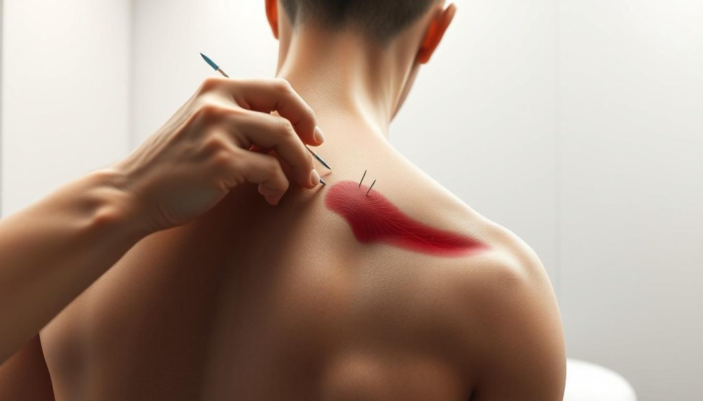 A highly detailed medical illustration showcasing dry needling therapy. In the foreground, a skilled therapist's hands precisely inserting thin acupuncture needles into the muscle tissue of a patient's back, focusing on trigger points to alleviate tension and pain. The middle ground reveals the musculature, with the needles strategically placed along the fascia. The background depicts a serene, minimalist medical setting, with clean white walls and soft, diffused lighting illuminating the scene. The overall mood is one of clinical precision, therapeutic focus, and the promise of pain relief through this targeted, evidence-based treatment.