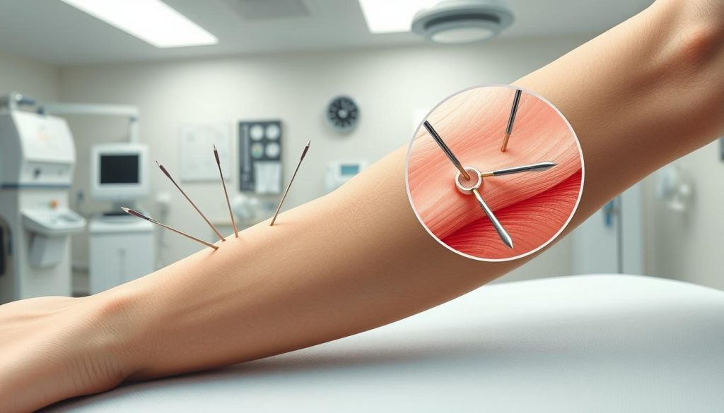 Detailed medical illustration showcasing various dry needling techniques. Foreground depicts a human limb with several acupuncture needles inserted into specific muscle trigger points. Midsection highlights a close-up view of a single needle insertion, with precise anatomical details. Background features a sterile medical setting with modern equipment and tools used in dry needling procedures. Lighting is soft and diffused, creating an educational, informative atmosphere. Captured with a DSLR camera, high resolution, clear focus, realistic shading and textures.
