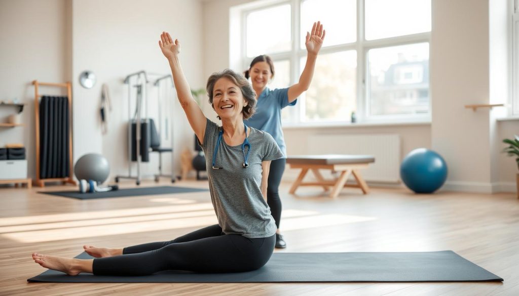 A serene, well-lit physical therapy clinic interior. In the foreground, a smiling woman performs therapeutic exercises on a yoga mat, her expression one of focused determination. In the middle ground, a physiotherapist guides her through the movements, offering encouragement. The background features neatly organized equipment, soothing neutral-toned walls, and large windows that let in natural light, creating a calming, rejuvenating atmosphere. The scene conveys the benefits of physical therapy for improving one's health and well-being, particularly in addressing issues like urinary incontinence. A serene, well-lit physical therapy clinic interior. In the foreground, a smiling woman performs therapeutic exercises on a yoga mat, her expression one of focused determination. In the middle ground, a physiotherapist guides her through the movements, offering encouragement. The background features neatly organized equipment, soothing neutral-toned walls, and large windows that let in natural light, creating a calming, rejuvenating atmosphere. The scene conveys the benefits of physical therapy for improving one's health and well-being, particularly in addressing issues like urinary incontinence.