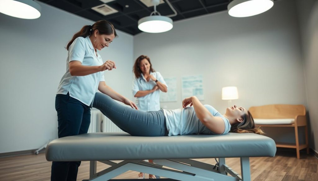 A well-lit clinical setting, with a female patient performing pelvic floor exercises on a padded treatment table. In the foreground, a physical therapist demonstrates proper technique, their hands guiding the patient's movements. The middle ground features medical equipment and charts, hinting at the specialized nature of the therapy. The background showcases a calming, neutral-toned environment, creating a sense of professionalism and care. Soft, diffused lighting from overhead fixtures casts a gentle glow, emphasizing the therapeutic atmosphere. The scene conveys a sense of empowerment and personalized treatment for the management of urinary incontinence. A well-lit clinical setting, with a female patient performing pelvic floor exercises on a padded treatment table. In the foreground, a physical therapist demonstrates proper technique, their hands guiding the patient's movements. The middle ground features medical equipment and charts, hinting at the specialized nature of the therapy. The background showcases a calming, neutral-toned environment, creating a sense of professionalism and care. Soft, diffused lighting from overhead fixtures casts a gentle glow, emphasizing the therapeutic atmosphere. The scene conveys a sense of empowerment and personalized treatment for the management of urinary incontinence.