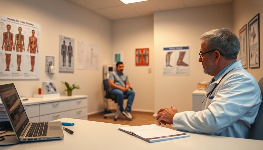 A well-lit medical office interior, with a doctor's desk and examination table in the foreground. On the desk, medical instruments, a laptop, and a stack of patient files. In the middle ground, a patient sitting on the examination table, consulting with the doctor. The walls display anatomical diagrams and informative posters about knee-related conditions. Warm, professional lighting illuminates the scene, creating a sense of trust and expertise. The overall atmosphere conveys a calm, reassuring environment where a patient can receive personalized medical advice for their knee pain. A well-lit medical office interior, with a doctor's desk and examination table in the foreground. On the desk, medical instruments, a laptop, and a stack of patient files. In the middle ground, a patient sitting on the examination table, consulting with the doctor. The walls display anatomical diagrams and informative posters about knee-related conditions. Warm, professional lighting illuminates the scene, creating a sense of trust and expertise. The overall atmosphere conveys a calm, reassuring environment where a patient can receive personalized medical advice for their knee pain.
