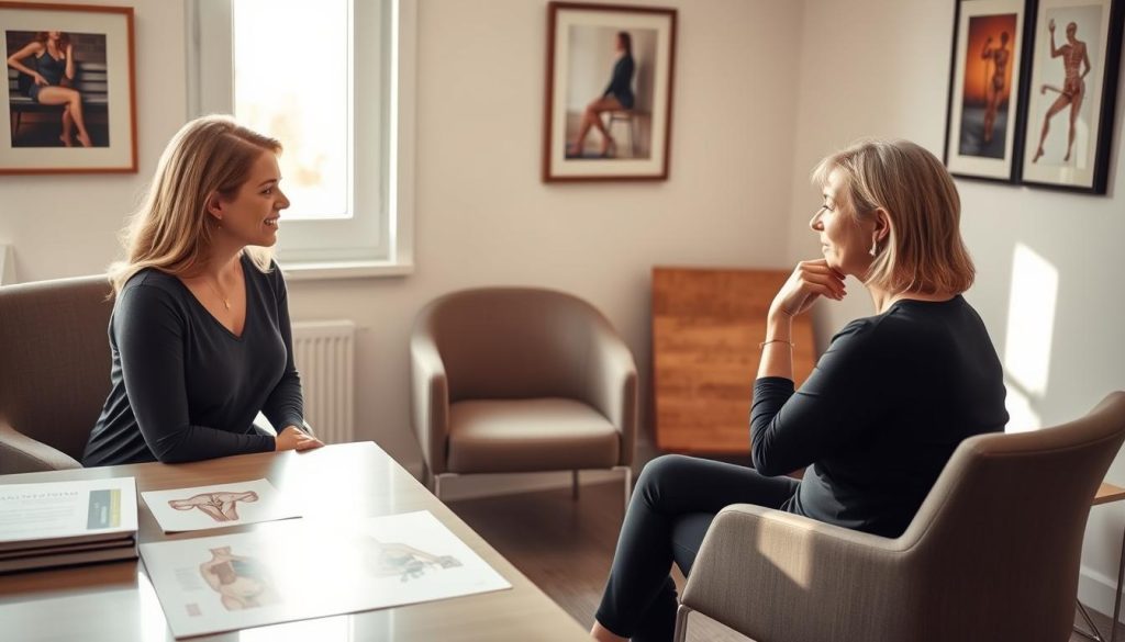 A well-lit office setting, with a desk and chairs arranged for a consultation. In the foreground, a woman sits across from a pelvic health physical therapist, engaged in a discussion. The therapist's attentive expression and the woman's thoughtful posture convey a sense of trust and collaboration. Soft, natural lighting from a window illuminates the scene, creating a warm and inviting atmosphere. On the desk, there are anatomical diagrams and educational materials, hinting at the specialized knowledge required for pelvic health treatment. The background features soothing, neutral-toned decor, promoting a calming and professional environment. A well-lit office setting, with a desk and chairs arranged for a consultation. In the foreground, a woman sits across from a pelvic health physical therapist, engaged in a discussion. The therapist's attentive expression and the woman's thoughtful posture convey a sense of trust and collaboration. Soft, natural lighting from a window illuminates the scene, creating a warm and inviting atmosphere. On the desk, there are anatomical diagrams and educational materials, hinting at the specialized knowledge required for pelvic health treatment. The background features soothing, neutral-toned decor, promoting a calming and professional environment.