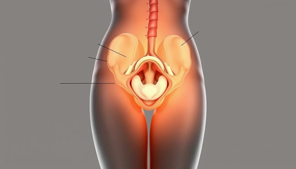 Detailed anatomical diagram of the female pelvic region, showcasing key structures and considerations for pelvic health therapy. Rendered in a clean, medical illustration style with a neutral color palette. Visible elements include the bladder, urethra, pelvic floor muscles, and surrounding anatomy. Lit by soft, diffused lighting to emphasize the three-dimensional form. Depicted from a slightly elevated angle to provide a comprehensive view. Conveys a sense of educational focus and clinical relevance, suitable for inclusion in a medical article on urinary incontinence treatment. Detailed anatomical diagram of the female pelvic region, showcasing key structures and considerations for pelvic health therapy. Rendered in a clean, medical illustration style with a neutral color palette. Visible elements include the bladder, urethra, pelvic floor muscles, and surrounding anatomy. Lit by soft, diffused lighting to emphasize the three-dimensional form. Depicted from a slightly elevated angle to provide a comprehensive view. Conveys a sense of educational focus and clinical relevance, suitable for inclusion in a medical article on urinary incontinence treatment.