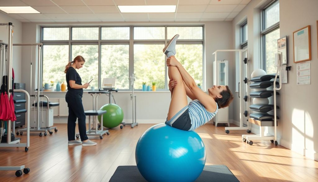 a physical therapy clinic with a patient performing knee exercises on a therapy ball, surrounded by medical equipment and staff, lit by natural light from large windows, with a calm and professional atmosphere a physical therapy clinic with a patient performing knee exercises on a therapy ball, surrounded by medical equipment and staff, lit by natural light from large windows, with a calm and professional atmosphere