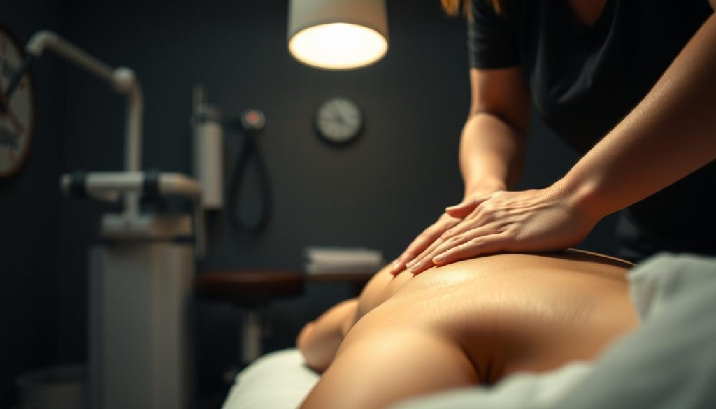A dimly lit physical therapy clinic, with soft lighting highlighting a person receiving deep tissue massage from a therapist. In the foreground, a close-up view of the therapist's hands gently kneading the client's muscles, alleviating tension and soreness. In the middle ground, the client's face, expressing a mixture of relief and relaxation. In the background, subtly visible medical equipment and therapy tools, suggesting a professional, therapeutic environment. The scene conveys a sense of healing, care, and the expertise of the physical therapist in addressing muscle-related issues.